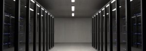 You can see a server room, which is kept dark and contains many servers.