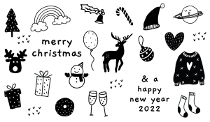 El dibujo es en blanco y negro. Muestra muchas cosas navideñas dibujadas, como un árbol de Navidad y un gorro de Navidad. Se puede leer &quot;Feliz Navidad&quot; y &quot;feliz año nuevo 2022&quot;.