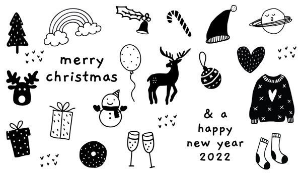 A imagem é a preto e branco. Mostra muitas coisas de Natal desenhadas, como uma árvore de Natal e um chapéu de Natal. Pode ler-se &quot;Feliz Natal&quot; e &quot;Feliz Ano Novo 2022&quot;.