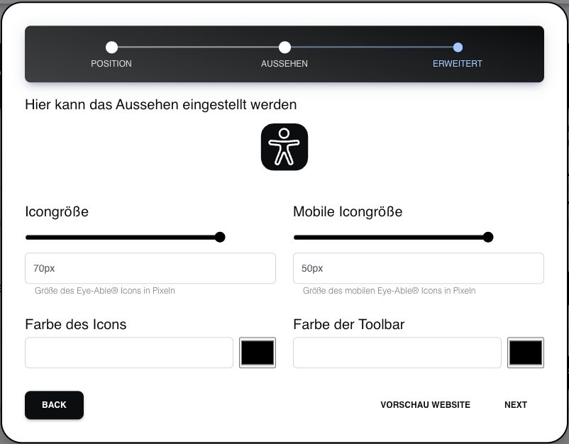 A imagem mostra o menu de personalização no painel de controlo do Eye-Able. O tamanho e a cor do Eye-Able podem ser ajustados aqui.