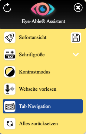 Dieses Bild zeigt die Eye-Able Toolbar mit aktivierter Tastatur-Navigation. Dies wird durch die Farbe blau hervorgehoben.