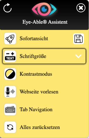 Das Bild zeigt die Eye-Able Toolbar, in der mit der Maus über die Funktion "Schriftgröße" gehovert wird.