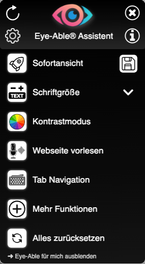 Die Abbildung zeigt das Menü von Eye-Able mit reduziertem Funktionsumfang.