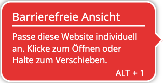 Die Abbildung zeigt den Eye-Able Tooltip in rot mit angepasstem Inhalt. Der Inhalt lautet: Barrierefreie Ansicht - Passe diese Website individuell an. Klicke zum Öffnen oder Halten zum Verschieben.