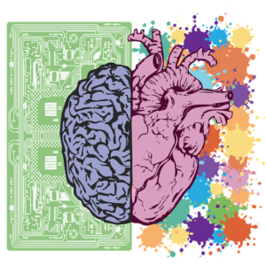 Half a brain on the background of a circuit board and half a heart on a colorful background