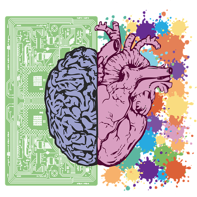 Half a brain on the background of a circuit board and half a heart on a colorful background