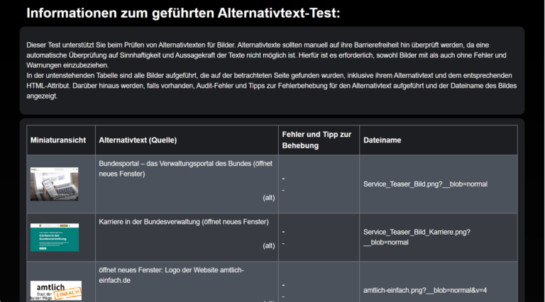 Przykładowy ekran Test audytu z przewodnikiem dla tekstów alternatywnych