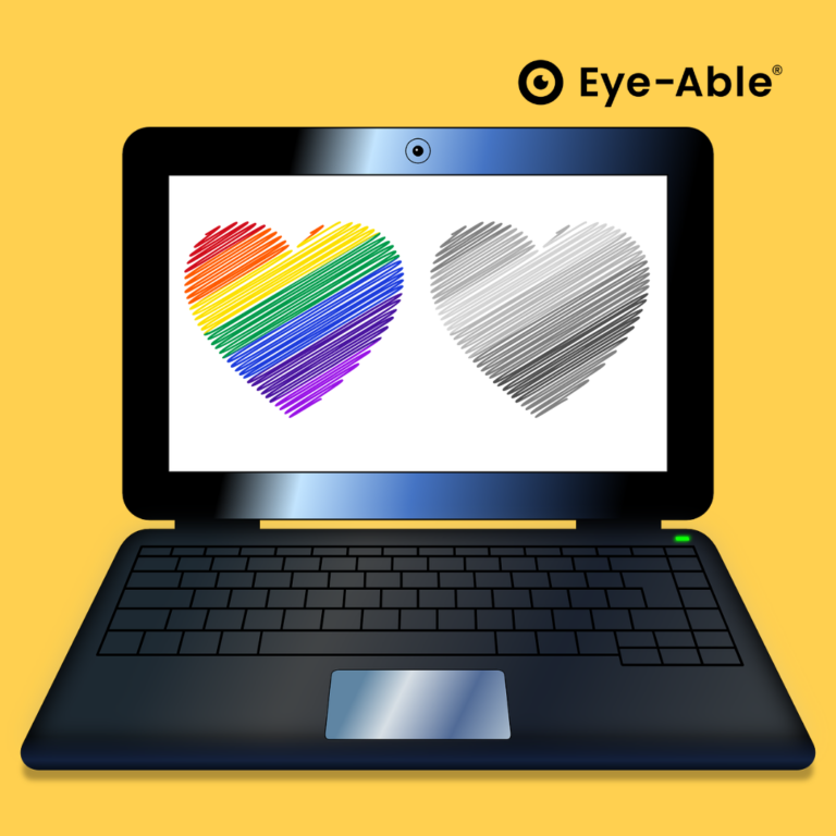 Het scherm van de laptop toont een regenbooghart in kleur en een hart zonder kleur.