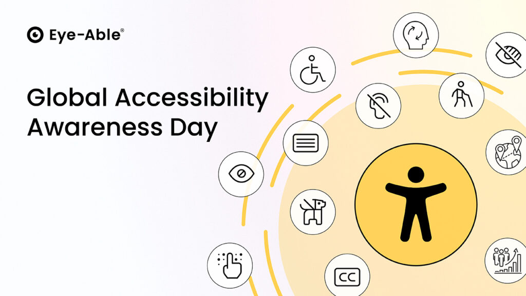 Il simbolo dell&#039;accessibilità è visibile sul lato destro dell&#039;immagine. È circondata da altri simboli che si adattano al tema, come una figura in sedia a rotelle, un cane guida e un occhio. La scritta &quot;Global Accessibility Day&quot; è riportata sul lato sinistro dell&#039;immagine.